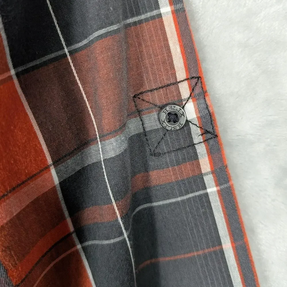 Helix Shirt Mens Small Orange Black Plaid Button Up Lace Athletic Fit Roll Tab